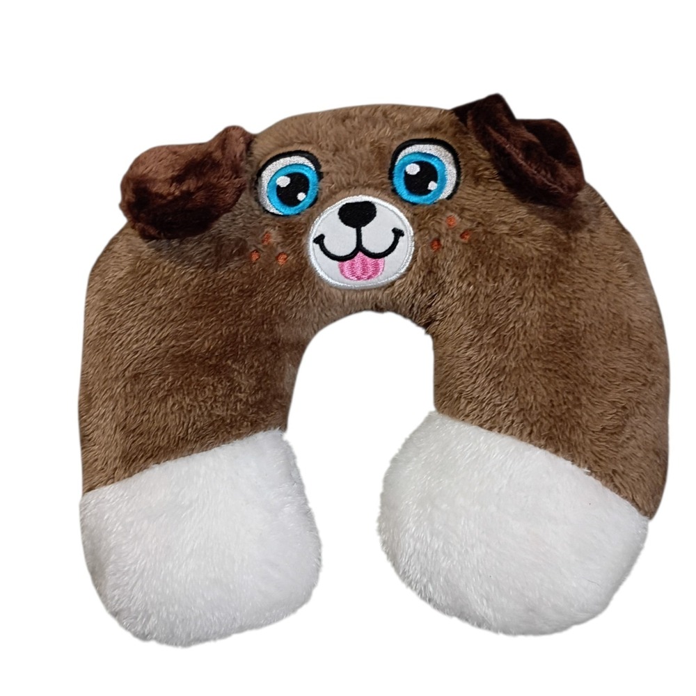 EUC Cute Brown‎ & White Dog Traveling Car Airplane Neck Support Soft Kids Pillow